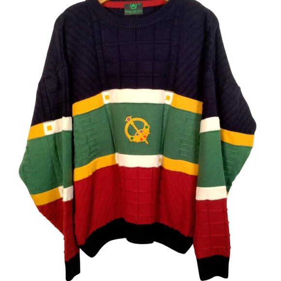 Emerald Isle Other - Vintage 1990s Emerald Isle Sweater Men Medium Colorblock Celtic Brooch Ireland